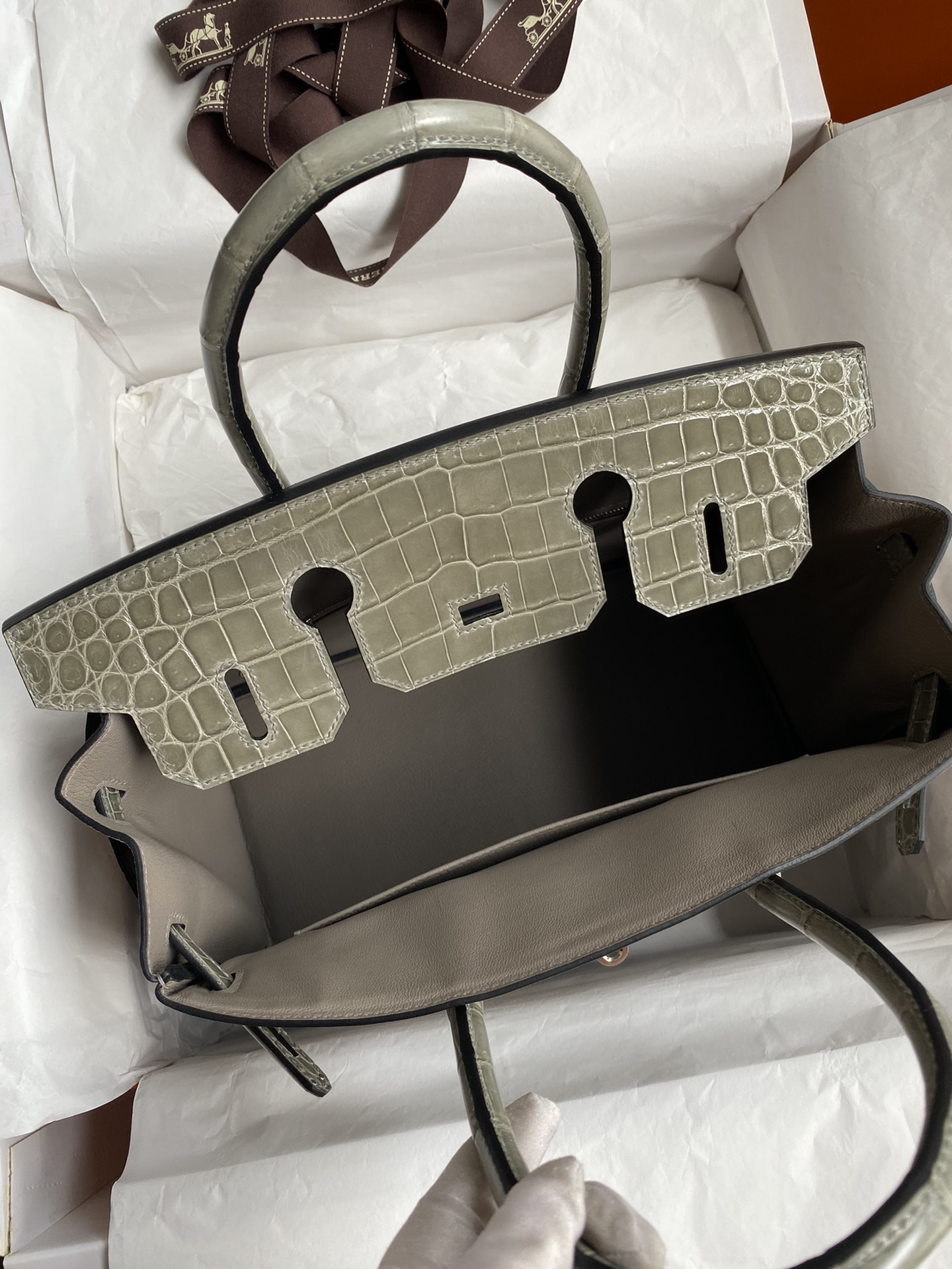 Hermes Touch Birkin 30CM Handbag In Grey Clemence and Shiny Niloticus Crocodile Skin